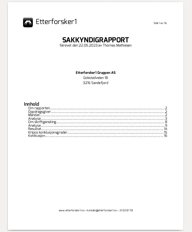 Skriftgransker rapport av skrifekspert Thomas Mathiesen